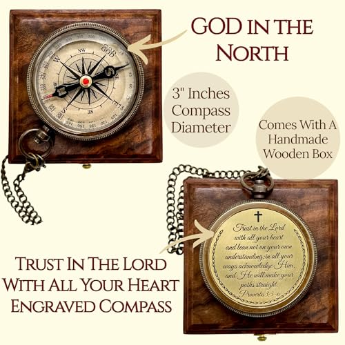 Trust Lord Compass – Religious Brass Compass Gift with Bible Proverb Engraved – Christian Inspirational Gift for Men, Faith-Based Graduation, Birthday, Gift for Son, Holy Gift - style: Trust Lord - Antique Locket