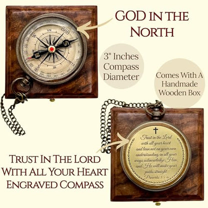 Trust Lord Compass – Religious Brass Compass Gift with Bible Proverb Engraved – Christian Inspirational Gift for Men, Faith-Based Graduation, Birthday, Gift for Son, Holy Gift - style: Trust Lord - Antique Locket