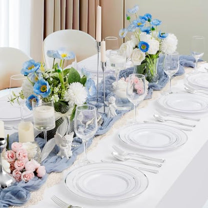 Supernal 102pcs White and Silver Plastic Plates Disaposable Party Plates White Silver Rim Heavy Duty Fancy Silver Plastic Dinnerware Set included 51 Dinner & Dessert Plates for Valentine's Day - color: 102pcs White and Silver Plastic Plates