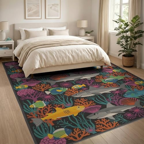 8'x10' Washable Graphic Shark Large Rug, Black Non-Shedding Pet Friendly Carpet Foldable Easy Care Mat for King Size Bedroom, Master Suite, Under Bed | Ref:2068058 - color: Black/Pattern 23, size: 8' x 10' (Rectangular)