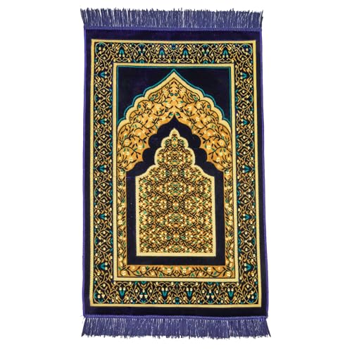 Muslim Prayer Rug, Soft Plush Thin Islamic Prayer Mat, Janamaz, Sajada, Praying Carpet, Islamic Gift for Men & Women, Islamic Mat, Navy, Eid & Ramadan Gift with Prayer Beads, 26x43 inch - color: Navy-sacred