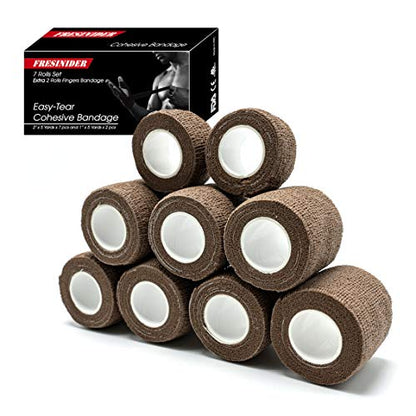 FRESINIDER 9 Rolls Self Adhesive Wrap Athletic Tape Gauze, Breathable Elastic Cohesive Bandage for Sports Injury & Pet (7 Pcs 2" x 5 Yards + 2 Pcs 1" X 5 Yards) (Brown) - color: Brown