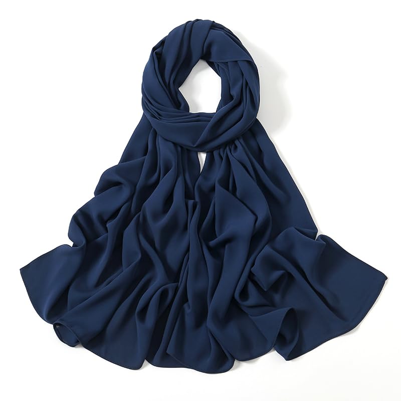 Heavy Not Easily See Through Long Chiffon Hijab Scarf for Women, Amazing Smooth Muslim Head Scarves - color: Navy Blue