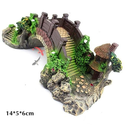 Miniature Garden Bridge Aquarium Decoration, Resin Asian Arch Bridge with Pagoda, Green Brown, 14x6x5.5cm, Fish Tank Ornament