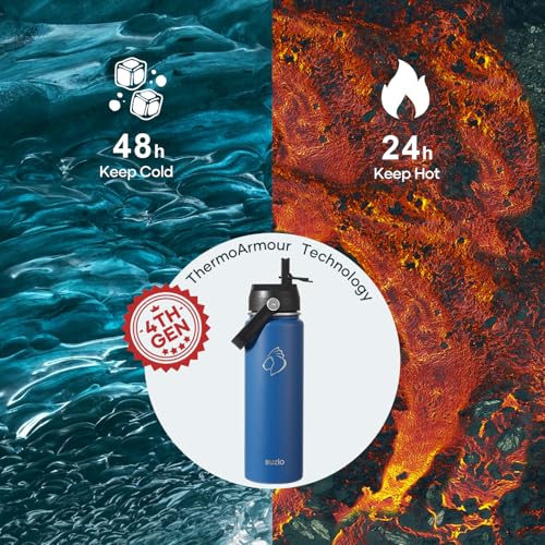BUZIO 24 oz Insulated Water Bottle, Stainless Steel Wide Mouth Water Flask with Straw Lid, Cold for 48 Hrs Leak Proof Metal Hydro Thermo Canteen Mug, Blue - color: Blue, size: 24 Ounces