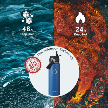 BUZIO 24 oz Insulated Water Bottle, Stainless Steel Wide Mouth Water Flask with Straw Lid, Cold for 48 Hrs Leak Proof Metal Hydro Thermo Canteen Mug, Blue - color: Blue, size: 24 Ounces