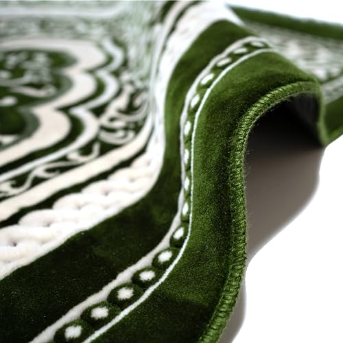 Modefa Turkish Islamic Velvet Prayer Rug - Thick & Wide Soft Praying Carpet for Men & Women - Eid & Ramadan Gift - with Kufi Cap, Beads & Car Hanger - Double Plush (Floral Arch - Green) - color: Floral Arch - Green
