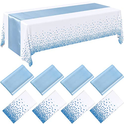 Breling 8 Pack Winter Baby Blue and White Disposable Plastic Tablecloths and Satin Table Runner Set, 54 x 108 Inch Tablecloth, 12 x 108 Inch Table Runners for Wedding Birthday Baby Shower New Year - color: Blue and White
