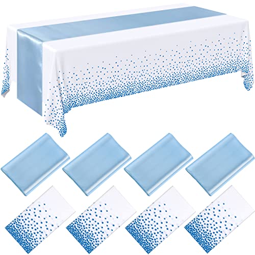 Breling 8 Pack Winter Baby Blue and White Disposable Plastic Tablecloths and Satin Table Runner Set, 54 x 108 Inch Tablecloth, 12 x 108 Inch Table Runners for Wedding Birthday Baby Shower New Year - color: Blue and White