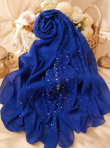 Chiffon Hijab Scarf for Women, Rhinestone Pearl Muslim Head Scarf, Lightweight Shawl Wrap - color: Royal Blue