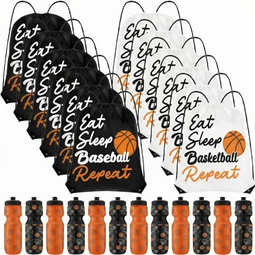 Reallnaive Party Favors Gifts, 24 oz Water Bottles Reusable Sport Squeeze Drinking Cup, Eat Sleep Drawstring Bag Cinch Sack Sport Pack for School Team Gift Event Accessories - style: Basketball
