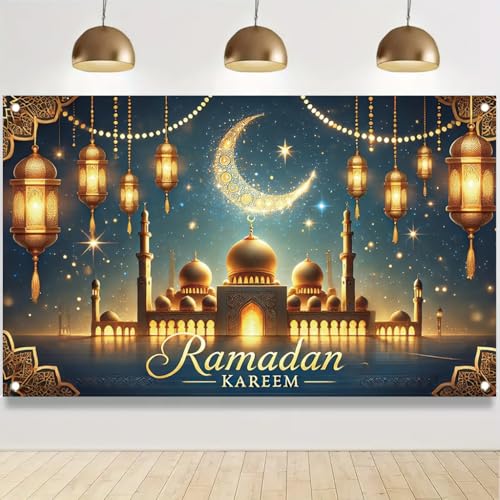 Ramadan Kareem Banner 71x43 Inch Golden Mosque Crescent Moon Lantern lslamic EidMubarak Decoration for Home Party Indoor Outdoor - color: Blue and Gold