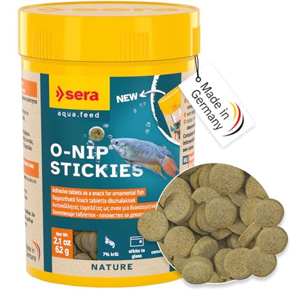 Sera O-Nip Nature 100 Tabs 2.1 oz | Complete Feed for All Ornamental Fish | Adhesive Tablets Stick to the Aquarium Glass | High Protein | No Dyes & Preservatives | with Bloodworms, Krill & Tubifex - size: 2 Ounce (Pack of 1)