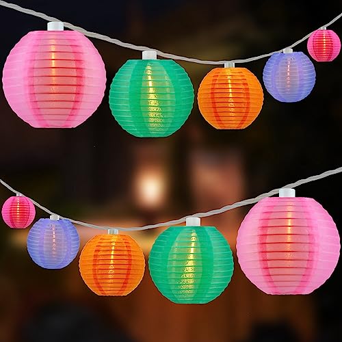HOSY 10-Pack Multicolor 3-in Lantern, 11 ft White Wire Plug-in String Light | Self-assembly Required, Nylon Fabric, 3-in Diameter, 12-in Spacing, End-to-end Connectable, UL Certified - color: Multicolor