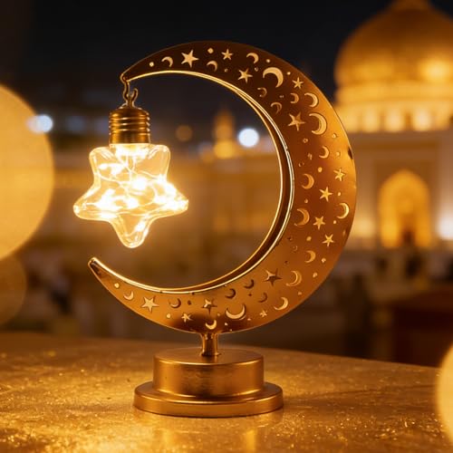 Ramadan Decorations Moon and Star Ramadan Lights for Table,Ramadan Decorations for Home Indoor and Outdoor,Moon Lamp with 2 LED Bulbs Table Decor,Moroccan,Eid, Gifts - color: Moon-Star