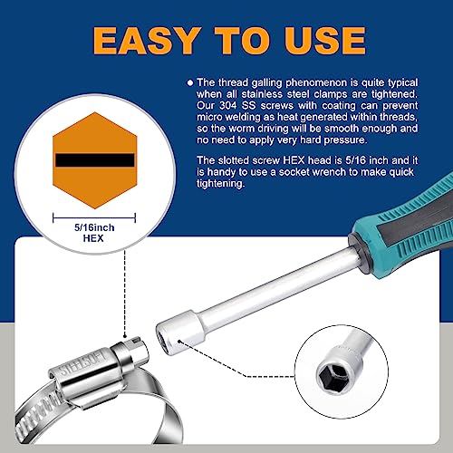 Non-Slip Stainless Steel Worm Gear Hose Clamps 1-1/4 to 2"(32-51mm) | SAE Size 24, 5/16"Hex Head, Soft Hose Protection, Adjustable for Automotive, Fuel Line, Garden, Heater, Radiator, 12Pack - size: SAE#24(1-1/4 To 2)