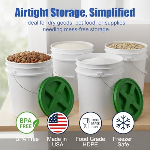 5 Gallon Bucket - Food Grade w/Lid BPA-Free, White/Green, 6 | Airtight Gamma Seal Screw-On Lid, Heavy-Duty 90 Mil HDPE Plastic, Food Safe and Durable Container, Bulk Storage, Made in USA - color: White/Green, size: 6 Packs
