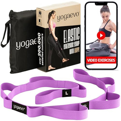 YogaEVO Stretching Strap with Loops for Physical Therapy — Yoga Strap & Resistance Band in One — Flexibility & Back Recovery — HD Video Routines Included - color: Purple