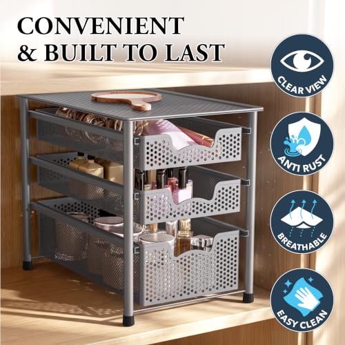 Simple Houseware Stackable 3 Tier Sliding Basket Organizer Drawer, Silver - color: Silver, size: 3-Tier