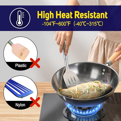 HOTEC Silicone Spatula Set of 2 Heat-Resistant 600°F & BPA-Free Kitchen SaptulaTurner with Stainless Steel Handles, Slotted & Solid Spatulas for Nonstick Cookware, 13.7 Inch, Khaki - color: Khaki