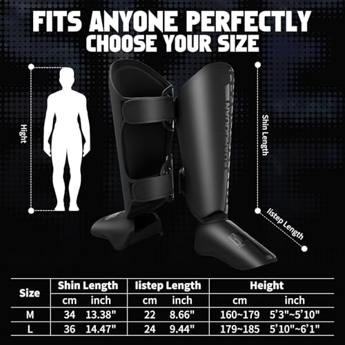 Muay Thai Shin Guards for Men, Women | Lightweight, Martial Arts Kicking Leg Instep Protection Pads, Sparring Gear, For Kickboxing MMA Training