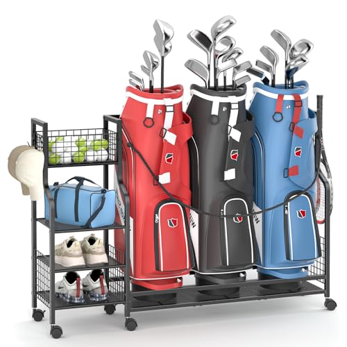DAOUTIME Golf Bag Storage Rack for Garage with Wheels, Organizer for Golf Bag and Equipment Accessories, Golf Organizer Stand Ideal for Home, Garage, Club, Shed, Basement - Sturdy and Durable (Black) - size: 3 bags