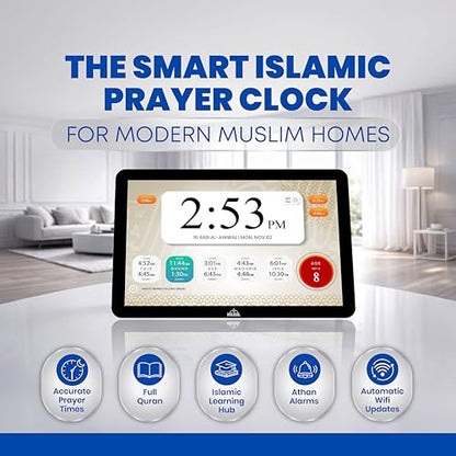 Masjidal 8" Smart WiFi Digital Azan Clock & Islamic Prayer Frame – Automatic Worldwide Prayer & Iqamah Times, Full Quran Player, Athan Alarm, Ramadan Clock, Touchscreen Muslim Home Display, Black - color: Black, size: 8 Inches