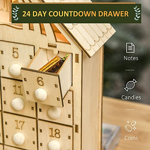 HOMCOM Christmas Advent Calendar, Light Up Manger Scene Tabletop Xmas Wooden House Holiday Decoration with Countdown Drawer, Bible Characters, for kids Adults