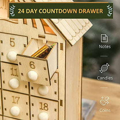 HOMCOM Christmas Advent Calendar, Light Up Manger Scene Tabletop Xmas Wooden House Holiday Decoration with Countdown Drawer, Bible Characters, for kids Adults