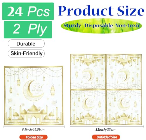 24 Pcs Ramadan and Eid Crescent Moon Party Napkins Ramadan Kareem Eid Mubarak Disposable Napkins, Arabic Design Themed Paper Napkins for Eid Al-Fitr Party Decorations, 6.5" 2-Ply