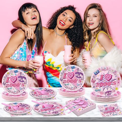 Qyeahkj 100Pcs 2000s Y2K Pink Decorations Party Supplies 90s Plates Napkins Disposable 1990s Tableware Dinnerware Birthday for 90's Kids Bachelorette Favor - style: Pink Y2K