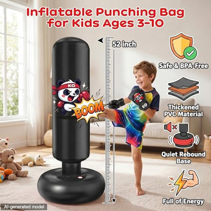Inflatable Punching Bag for Kids: Qoosea 48 Inches Kids Bop Bag Boxing Gloves & Air Pump Dinosaur Toy Gift for Toddler & Kid Ages 3-8,Freestanding Punching Bag Easy to Inflate,Boxing Bag - color: Black