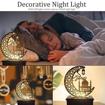Ramadan Decorations for Home, Ramadan Lights, Eid Mubarak Decorations, 3D Wooden Eids Decoration Lights Home Party Bedroom for Muslims, Eid al-Fitr al-Adha Islamic Table Decor