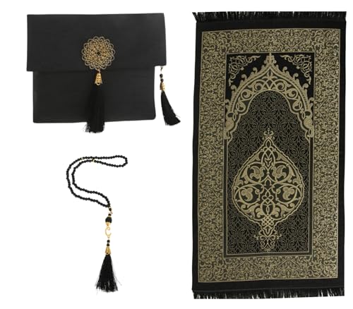 Prien Muslim Prayer Rug with Tasbih and Portable Bag, Muslim Gift for Women Men, Mubarak Islamic Box, Soft Mat Islam Gifts Set, Turkish Sajadah for Ramadan, Eid, Hajj, Travel, Pray (Black) - color: Black
