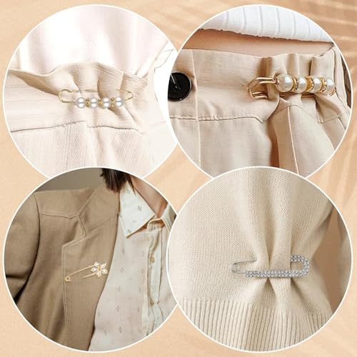 24 Pcs Pearl Crystal Brooch Fashion Sweater Shawl Clips Neckline Safety Pant Waist Pin Dress Shirt Clips for Women Clothes Sweater Shawl Collar Dress Cardigan Shirt Jeans Accessories