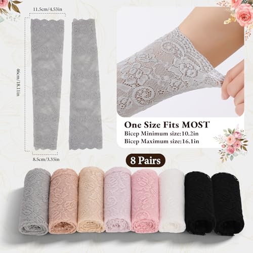 JATEBI 8 Pairs Women Lace Arm Sleeves, Floral Lace Hollow Arms Cover Elegant Long Fingerless Gloves for Wedding Tea Party