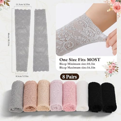 JATEBI 8 Pairs Women Lace Arm Sleeves, Floral Lace Hollow Arms Cover Elegant Long Fingerless Gloves for Wedding Tea Party