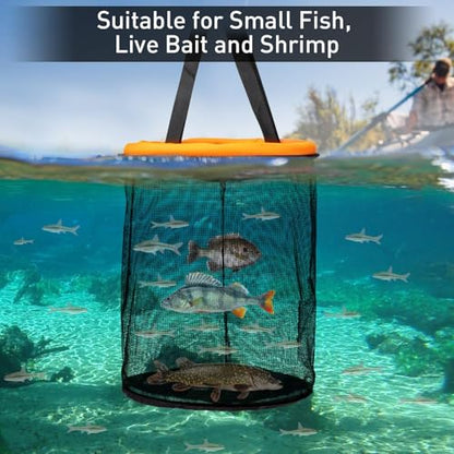 QualyQualy Floating Fish Basket for 5 Gallons Buckets, Foldable Fishing Basket Bait Net for Live Caught, Rubber Coated Mesh Fish Holder for Kayak Fishing Live Well Baitfish Minnow Bucket