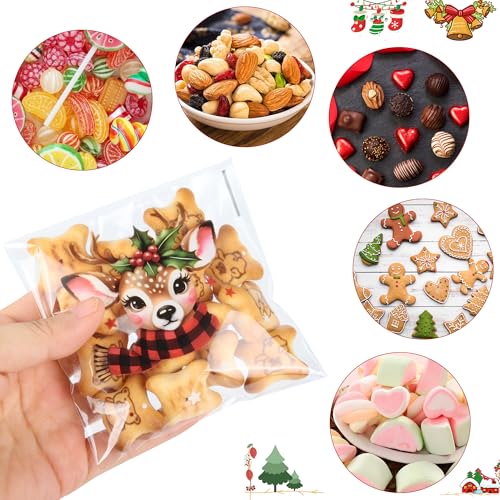 ZYLOP 200 Pcs Christmas Cellophane Treat Bags, 4x4 Inch Clear Self-Adhesive Christmas Candy Gift Goodie Bag for Cookie Cake Chocolate Packing Winter Holiday Christmas's Party Favors Supplies - color: Christmas 200pcs
