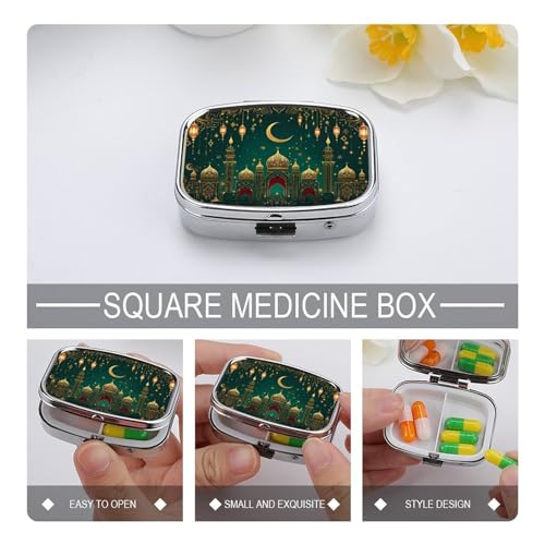 Green & Golden Islamic-Inspired Square Pill Box Metal 2.2x1.6 Inch,Medicine Storage Case Compact Travel Pill Organizer Pocket Pill Container for Daily Medication Vitamins Pills - color: Green & Golden Islamic-inspired