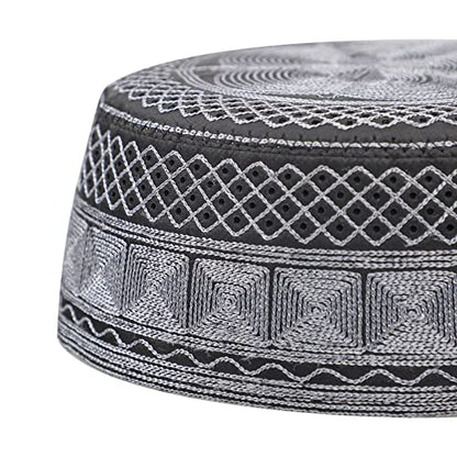 Muslim Prayer Kufi Hat for Men Boys Islamic Beanie Skull Cap Prayer Headwear Embroidery Kofia Topi Sun Hat Ramadan Eid Gift - color: Dark Grey, Chain Embroidery