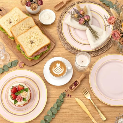 WDF Partyware 175PCS Pink plastic Plates - Pink Disposable Plates 25Guests Disposable Dinnerware Sets with Rolled Napkins for Wedding/Birthday/Baby Shower - color: Pink, size: 175PCS