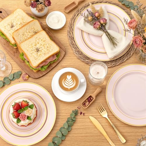 WDF Partyware 350PCS Pink Disposable Plates - Pink Plastic Plates 50Guests Plastic Dinnerware Sets with Rolled Napkins for Wedding/Birthday/Baby shower - color: Pink, size: 350