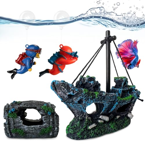 4PCS Fish Tank Decorations Set – Resin Shipwreck & Barrel with 2 Floating Diver Figurines, Aquarium Decor Ornaments for Betta Fish Goldfish Shrimp, Safe Hideouts Decor for Small Tanks