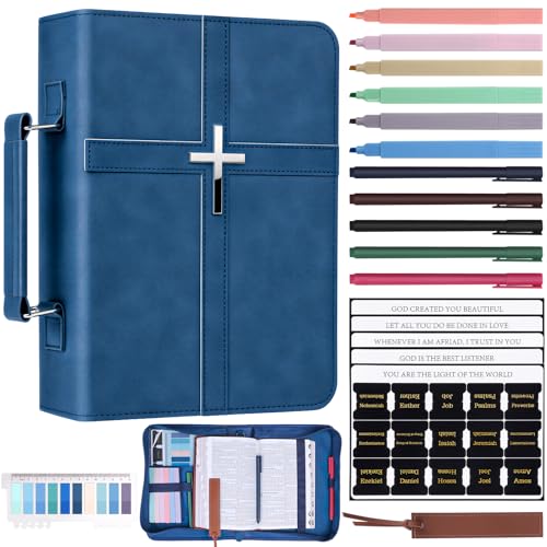 XKDOUS Bible Cover for Women Leather Bible Bag Large Book Carrying Case Kit - color: Blue With Silver Cross