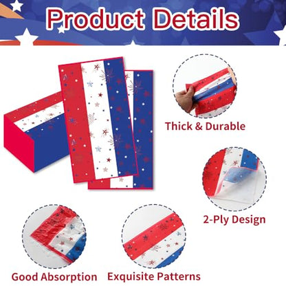 4th of July Napkins, 100Pcs Patriotic Napkins Disposable, Red White and Blue Star Stripe American Flag Paper Hand Towels Fourth of July Napkin for Table Dinner Bathroom Independence Day Party Supplies - color: Red white and blue-Patriotic, size: 100Pcs