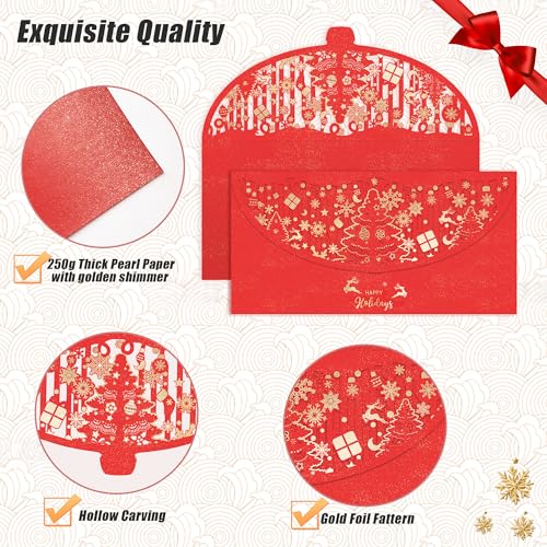 12 PCS Holiday Christmas Money Envelopes For Cash, Xmas Cash Currency Envelopes 7.1×3.5 inch, Gold Foil Laser Cut Money Envelopes Holder for Christmas Party New Year Gifts (Red,Horizontal) - size: Horizontal ，7.1"×3.5"