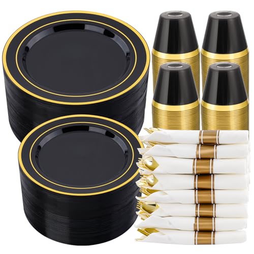 realluck 350 PCS Black Plastic Dinnerware Set for 50 Guests, 100 Disposable Plates for Party, 50 Pre Rolled Napkins with Gold Silverware, 50 Cups for Graduation - color: Black, size: 50 Guests