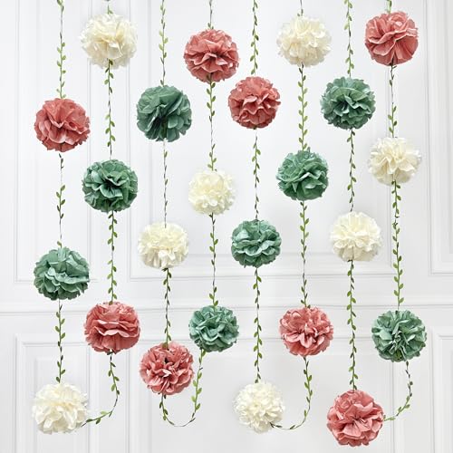 Sage Green Dusty Rose Pink Beige Tissue Paper Flowers Pom Pom with Leaf Ribbon Hanging Garland Streamer for Girl Safari Woodland Jungle Birthday Wedding Shower Garden Party Decorations Supplies - color: Dusty Pink Green