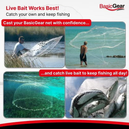 Cast Net, Lead, 3-12ft Radius, 3/8 and 1/4 in Mesh, for Bait Fish | Stainless Steel Swivel, Neoprene Wrist Strap, Repair Kit Included, Storage Box Included - size: 6ft Radius, 3/8" Mesh, 1LB Sinkers